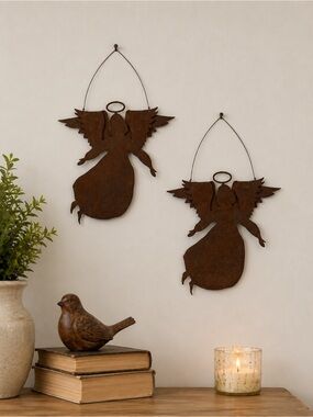 Set of 2 Rustic Rusted Metal Angel Wall Hanging Ornaments Farmhouse Primitive 7"
